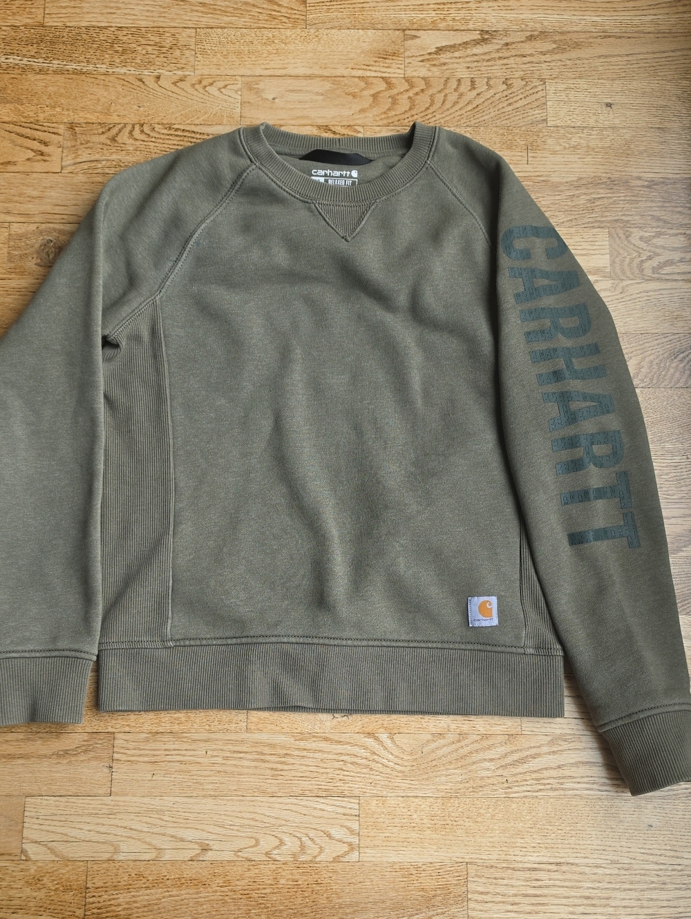 (XS) Carhartt Olive Green Crewneck Sweatshirt with Sleeve Logo Work Cozy Comfy